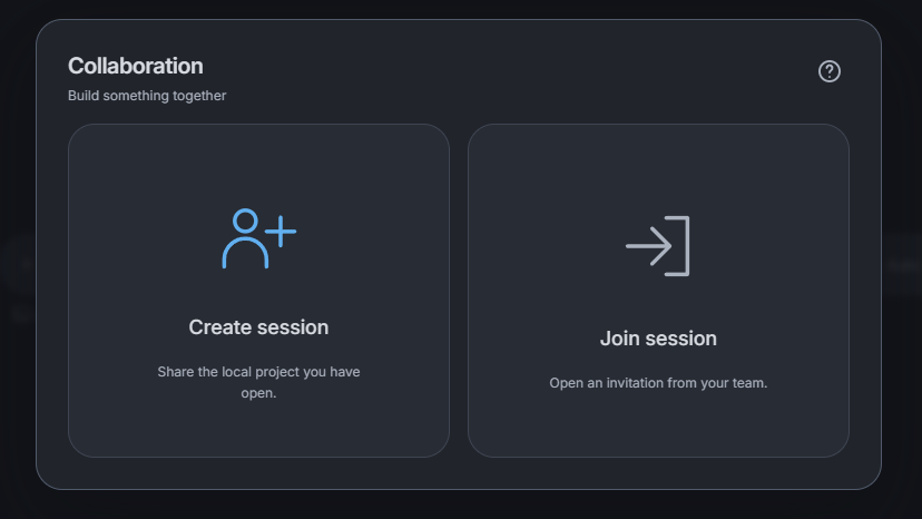 The collaboration screen for creating a session or joining one by invitation