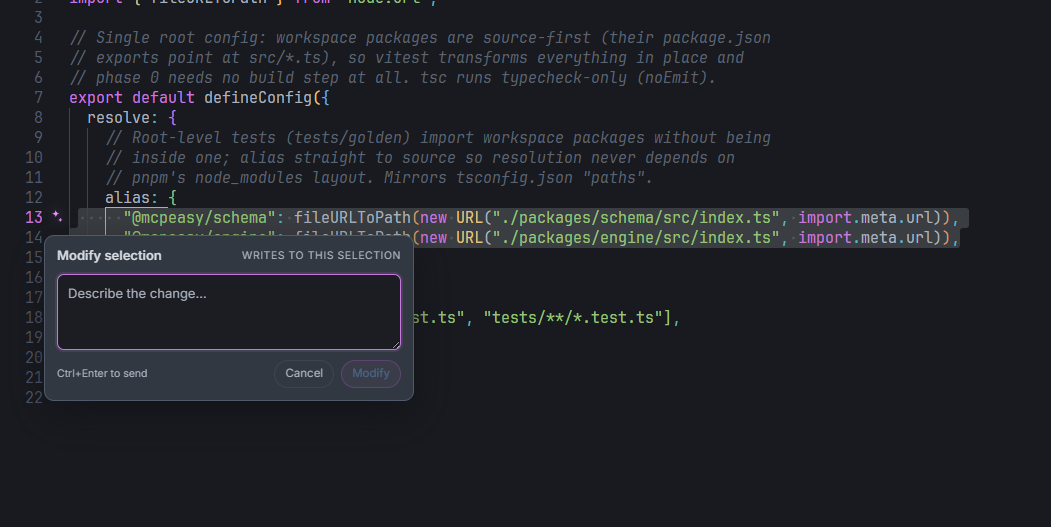 An inline prompt over selected code, showing the proposed modification in place